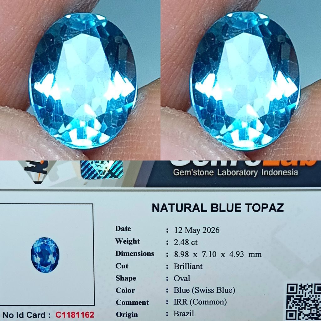 NATURAL PERMATA BLUE TOPAZ SWISS DARI BRAZIL 2.48 CARAT CUTTING OVAL GOOD LUSTER EYE CLEAN MEMO GLI 