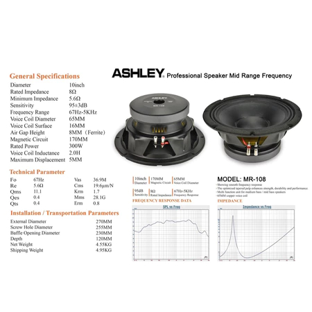 Speaker Ashley MR-108 10 Inch Voice Coil 2,5" Mid Range 300 Watt Speaker Ashley MR108 MidRange 10