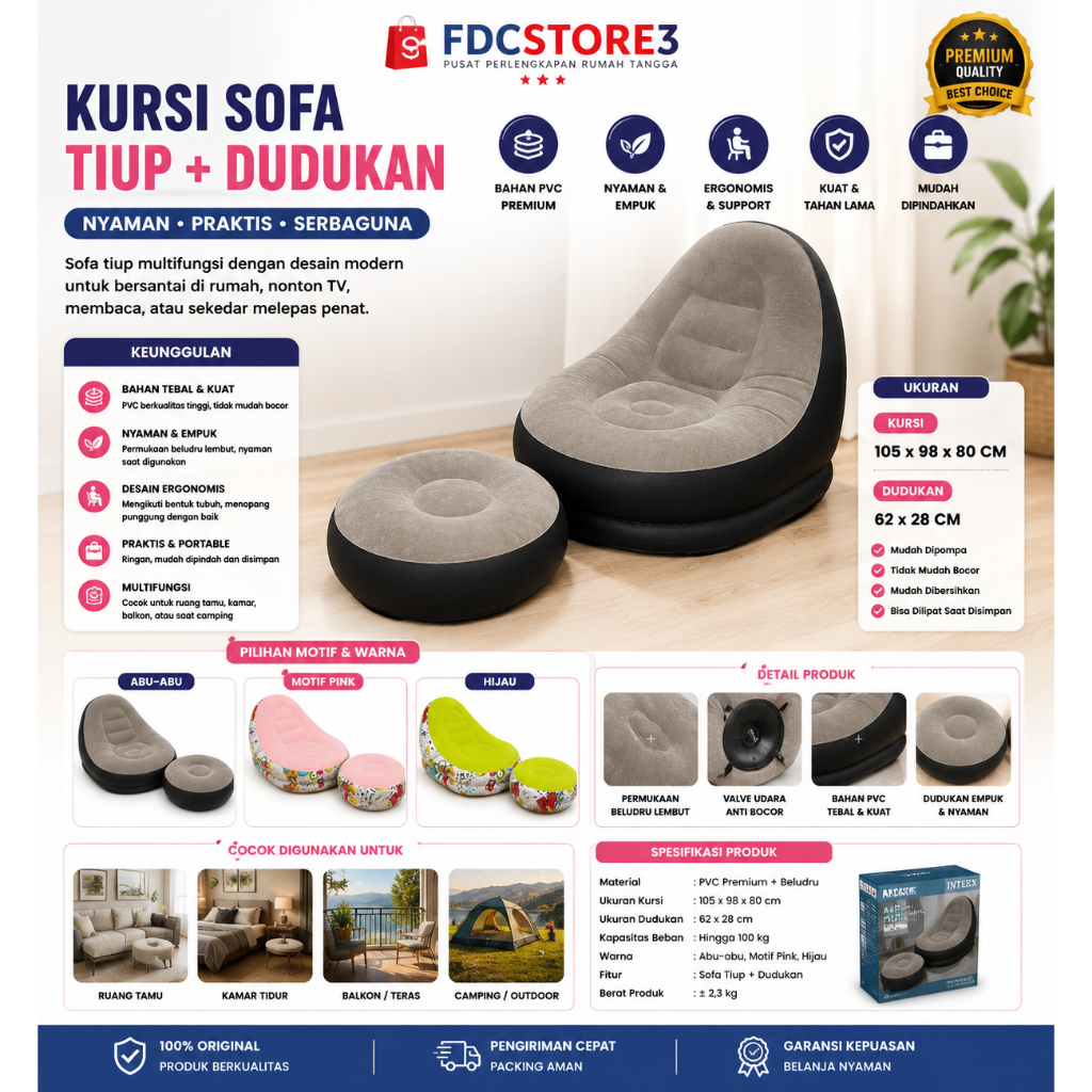 sofa santai angin 125 kursi santai dengan sandaran kaki / sofa angin kursi angin empuk