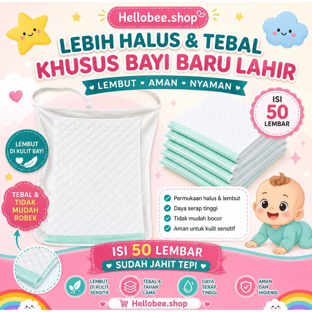 ISI 50 LEBIH TEBAL & HALUS UNDERPAD BAYI JAHIT TEPI PERLAK OMPOL INSERT CLODI ALAS POPOK BAYI
