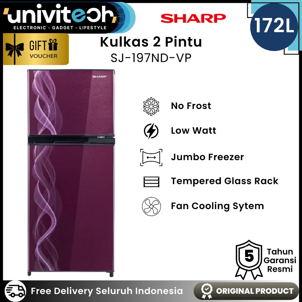Sharp Kulkas 2 Pintu 172 Liter Tanpa Bunga Es Low Watt Big Freezer Fan Cooling Rak Kaca, SJ 197ND VP