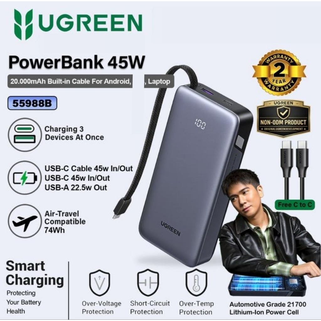 UGREEN POWERBANK 20000MAH 45W BUILT-IN CABLE - 55988B