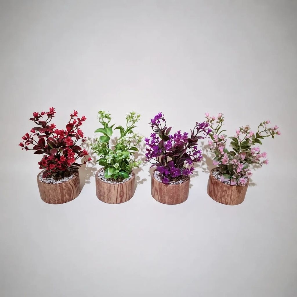 Daun bunga artificial set vas bulat motif kayu