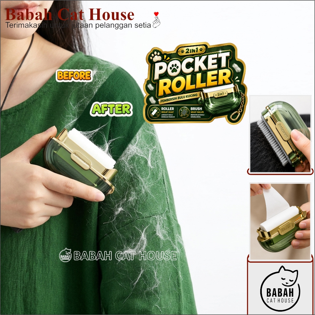 POCKET ROLLER 2in1 portable travel mini size dua sisi stiker roll & sikat untuk penghilang bulu ront