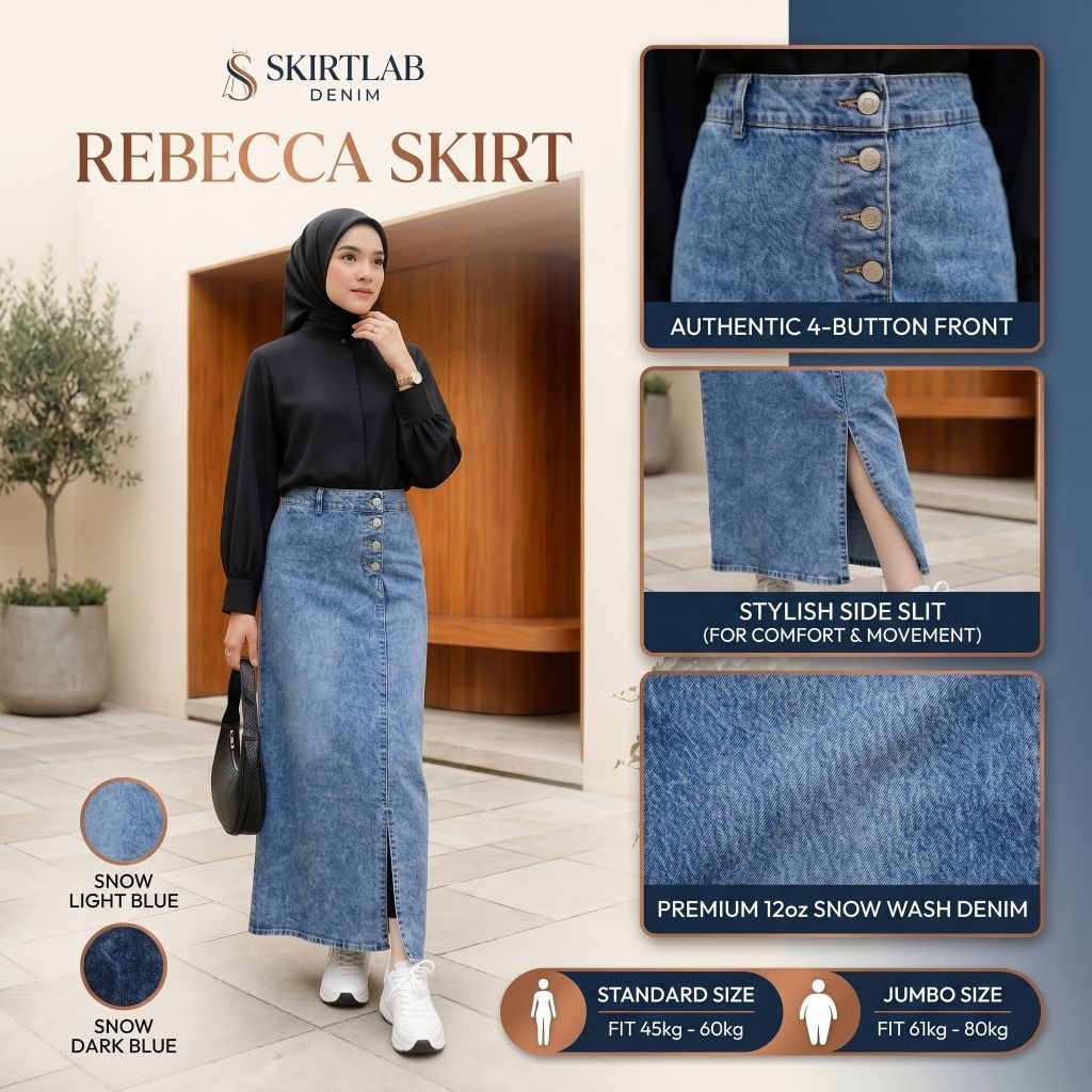Rok REBECCA Rok Jeans Wanita Belah Samping Rebecca Denim 12oz Rok Panjang OOTD Hijab Daily