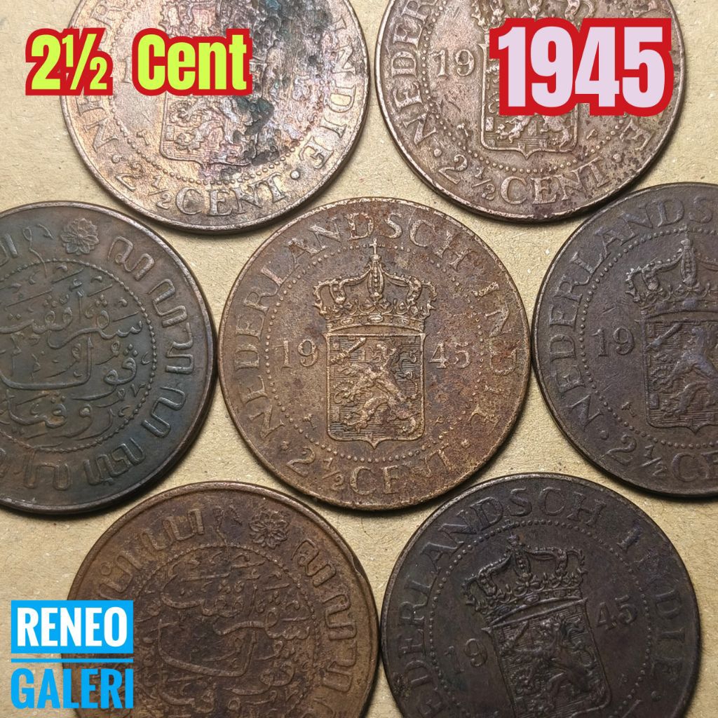 Benggol Gobang 2½ Cent Nederlandsch indie Tahun 1945 jelek 2,5 1/2 setengah sen Hindia Belanda uang 