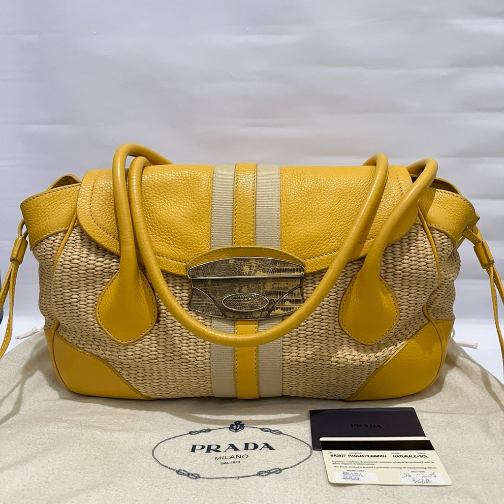 Prada Raffia Shoulder Bag Yellow Leather Authentic