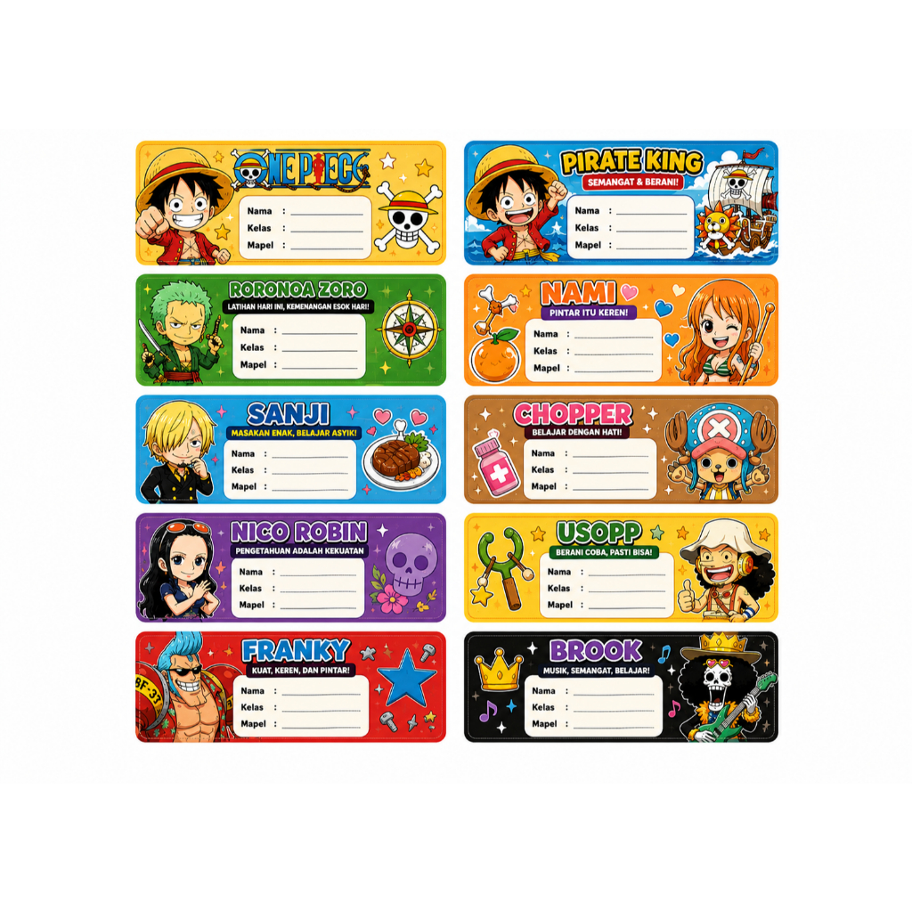 Stiker Label Buku One Piece Custom Nama Isi 30 PCS Waterproof Nama Pelajaran Sekolah Anak Label Buku