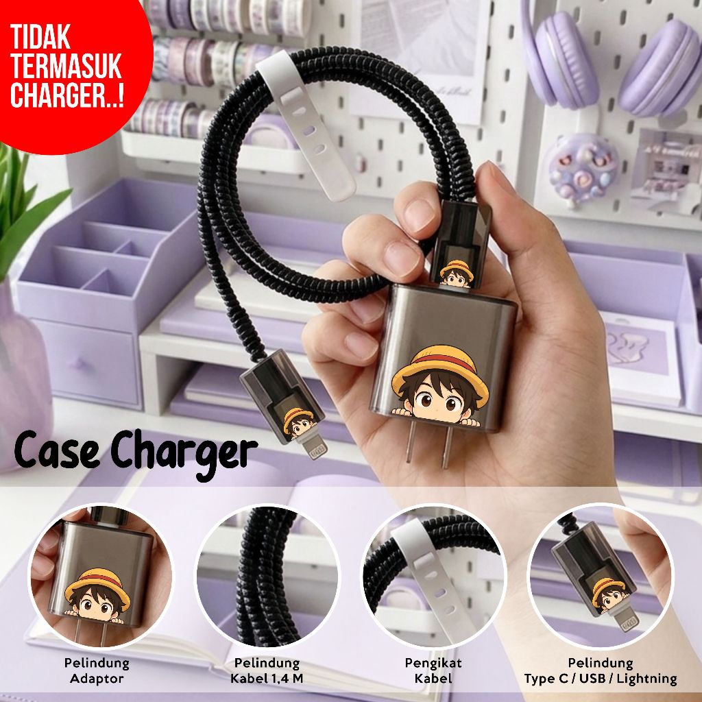 Case Charger dan Pelindung Kabel LURUS HITAM Gambar Karakter One Piece Untuk iPhone 18/20W , XIAOMI 