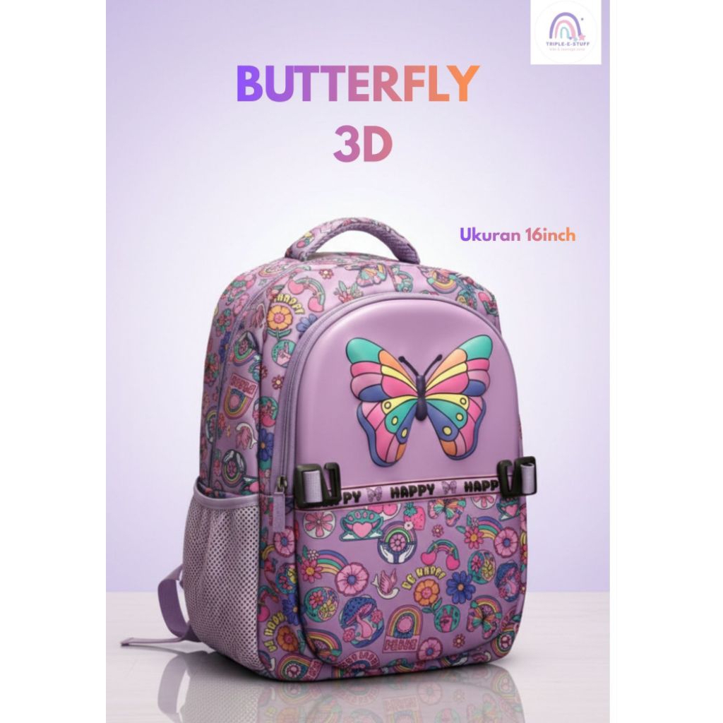 Tas ransel SD 3D Kupu-Kupu ukuran 16inch terbaru untuk SD kelas 1-kelas 6