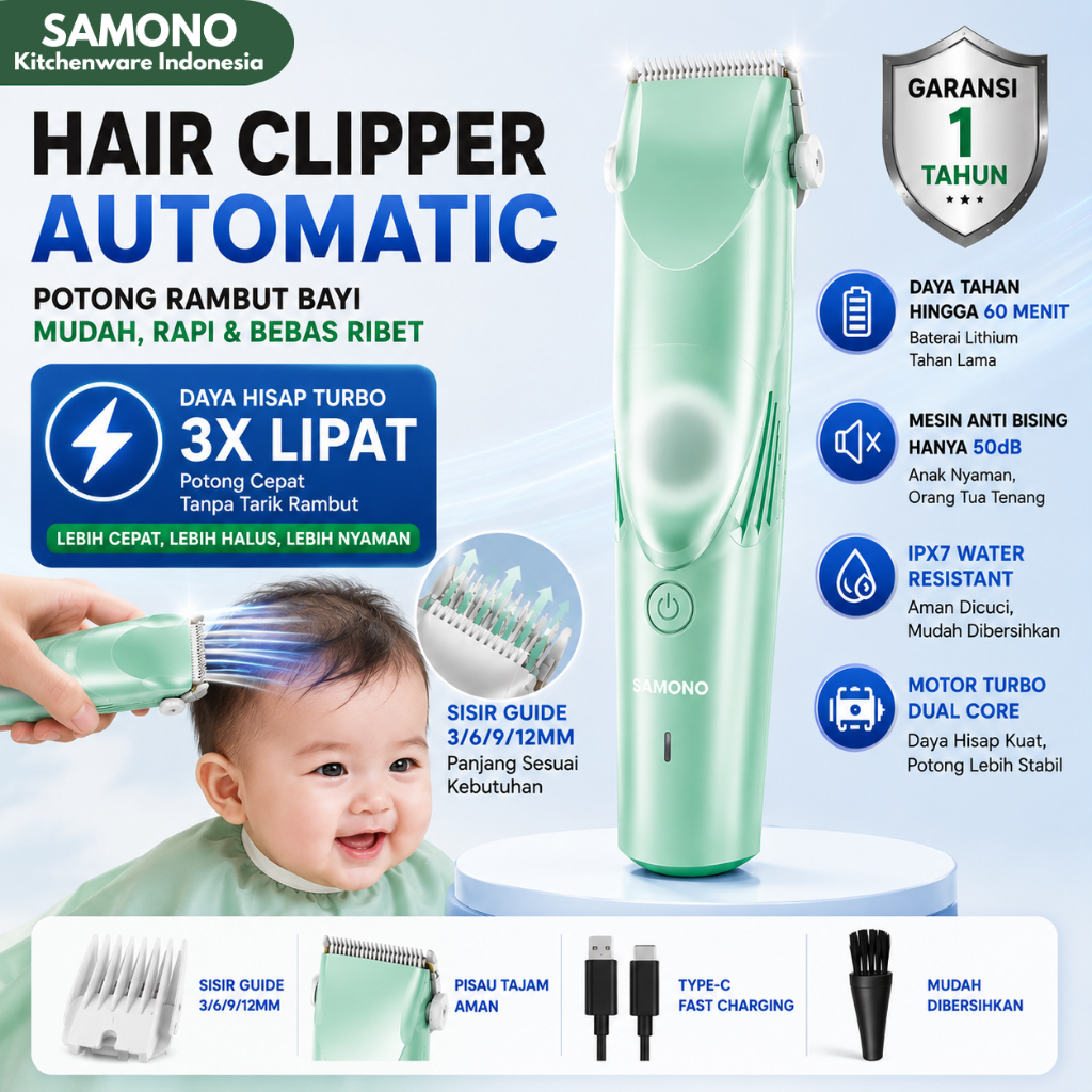 SAMONO Baby Hair Clipper SW-HCG500S Low Noise <50dB, Pisau Keramik, Waterproof, 50 Menit Pemakaian, 