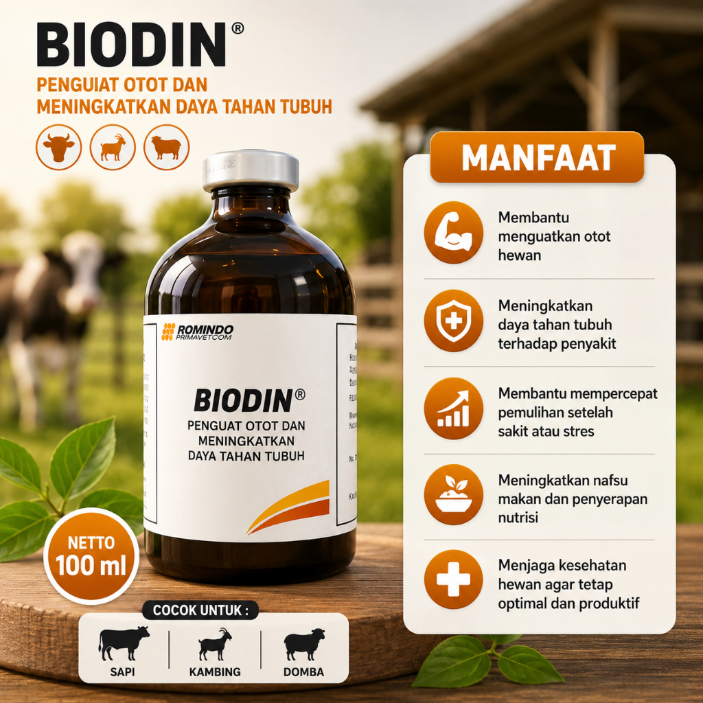 Biodin Injeksi Penguat Otot Dan Daya Tahan Tubuh Untuk Hewan Ternak 100 Ml