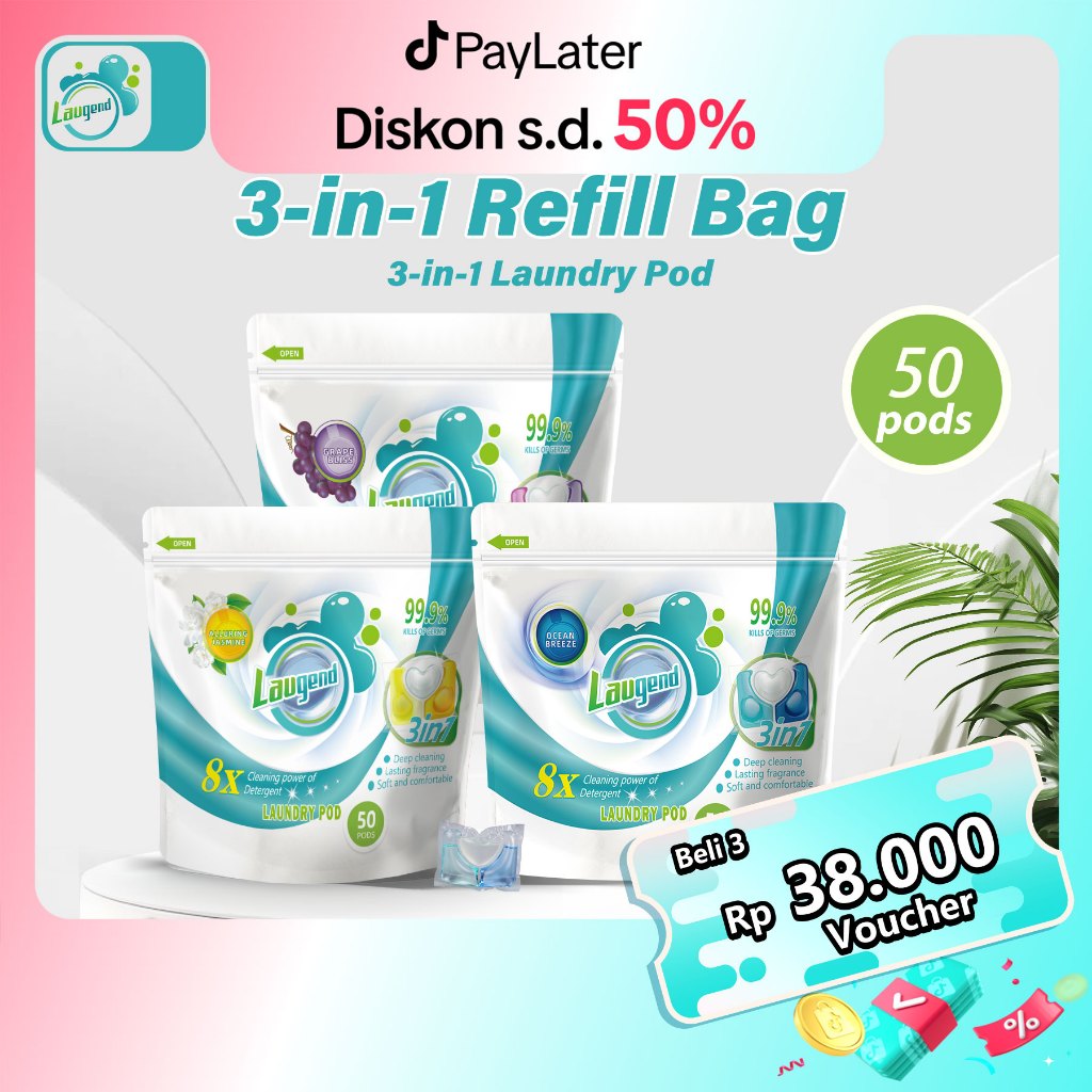 Laugend 3-in-1 Laundry Pod, 50 PCS Refill Bag, 8x Kekuatan, Anti Bakteri, Sterilisasi, Softener, Sab