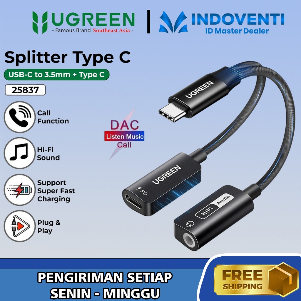 UGREEN Converter Splitter Gaming DAC USB Type C to Jack Audio 3.5mm Type C Charging Call Open Mic