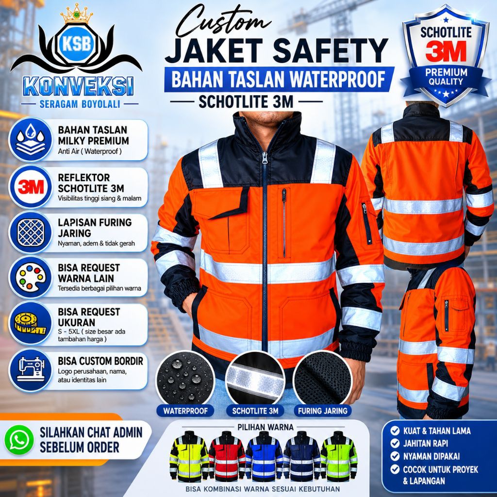 CUSTOM JACKET SAFETY BAHAN TASLAN WATERPROOF SCHOTLITE 3M - JACKET SAFETY - JACKET