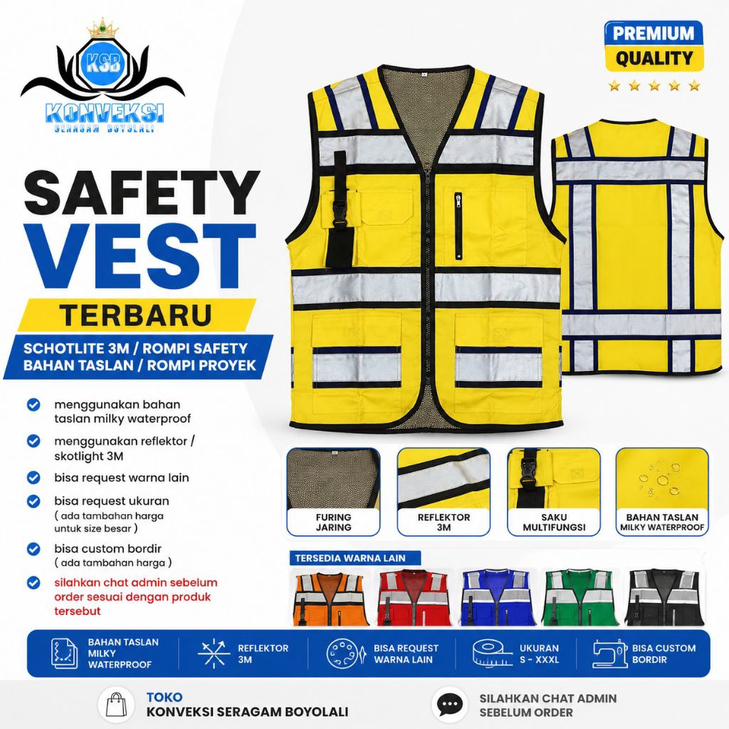 SAFETY VEST TERBARU REFLEKTOR 3M / ROMPI SAFETY BERBAGAI WARNA  / ROMPI PROYEK