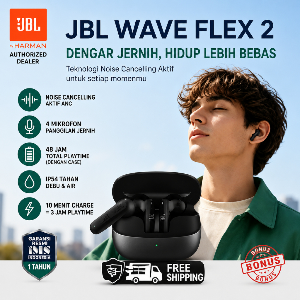 [Beli 1 gratis 1]JBL Wave Flex 2 Earphone Bluetooth TWS Original Deep Bass ANC Noise Cancelling Head