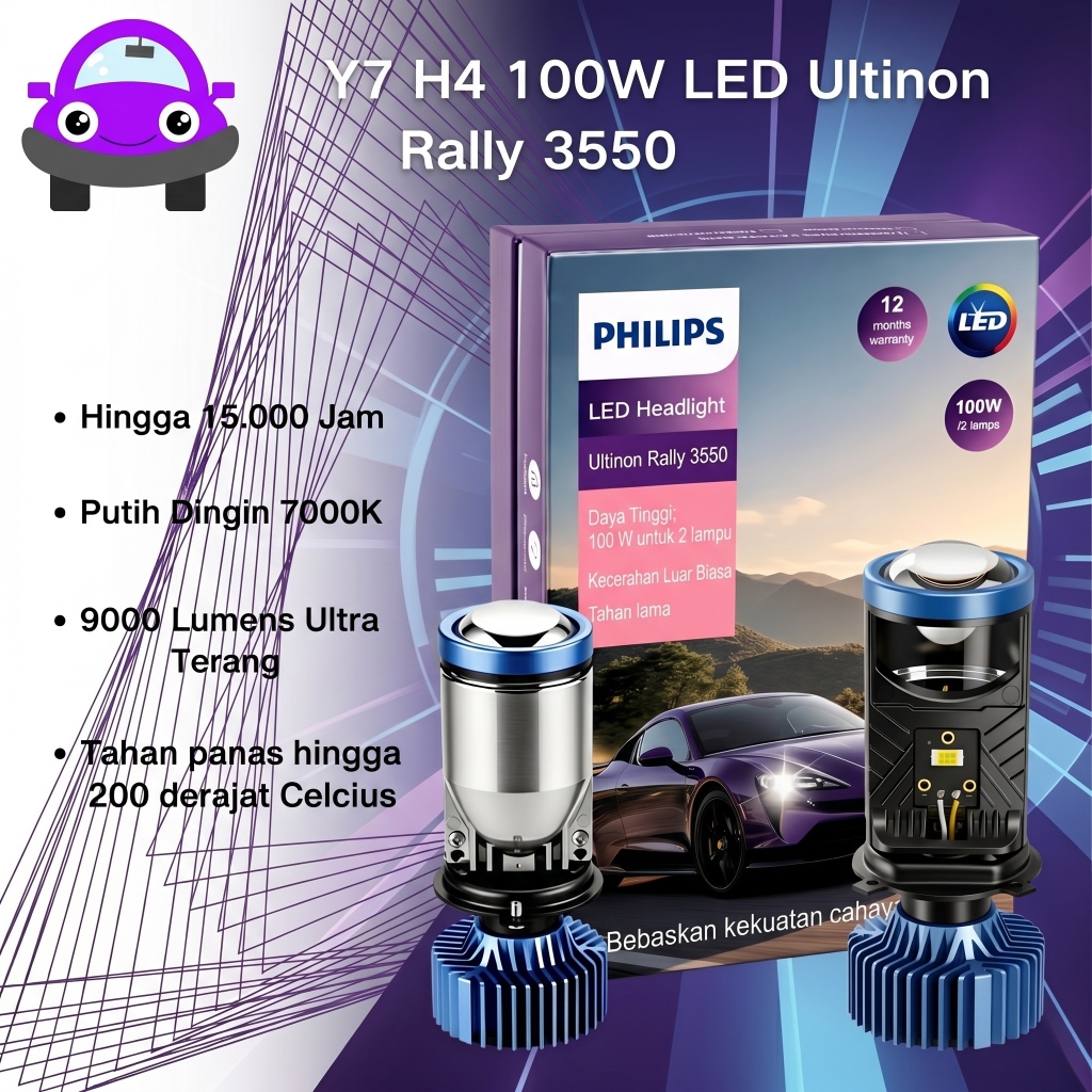 Philips LED H4 Y7 Headlight 100W 9000LM 7000K 12-24V for Car & Motorcycle