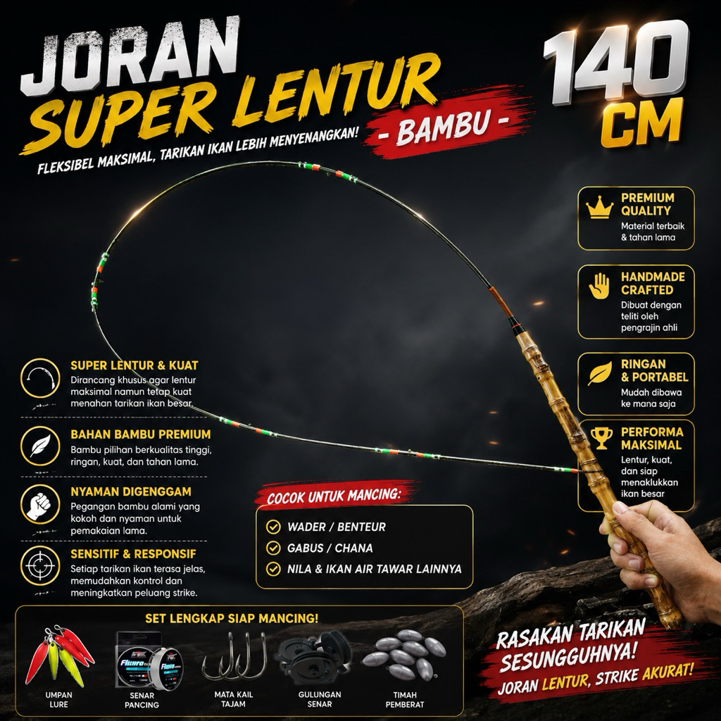 (karasutoko) Joran Lentur Satu Set lengkap cocok untuk microfishing dan udangan (bambu cendani) tanp