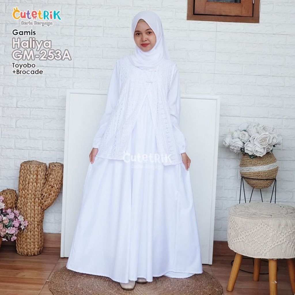 CutetRiK GAMIS HALIYA Putih Hitam Kombinasi Outer Brokat Premium Mewah