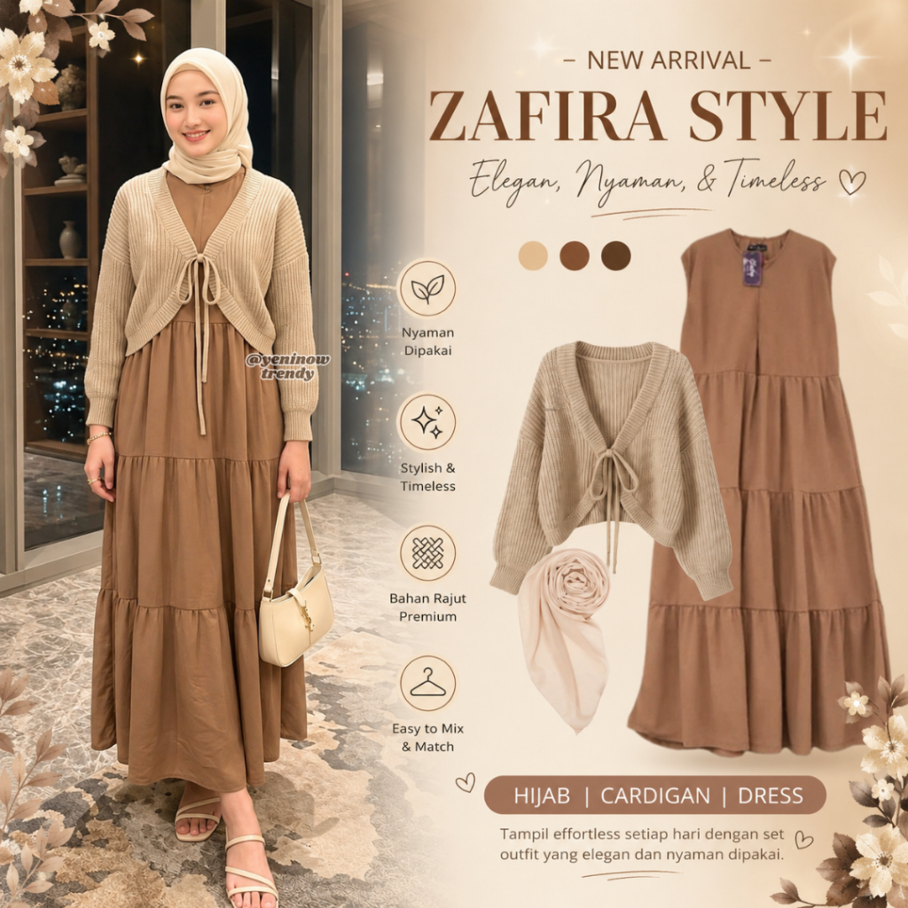 One Set Hijab Style Zafira Outer Cardigan Inner Dress Coksu Hijab Segiempat Setelan Wanita Kekinian 