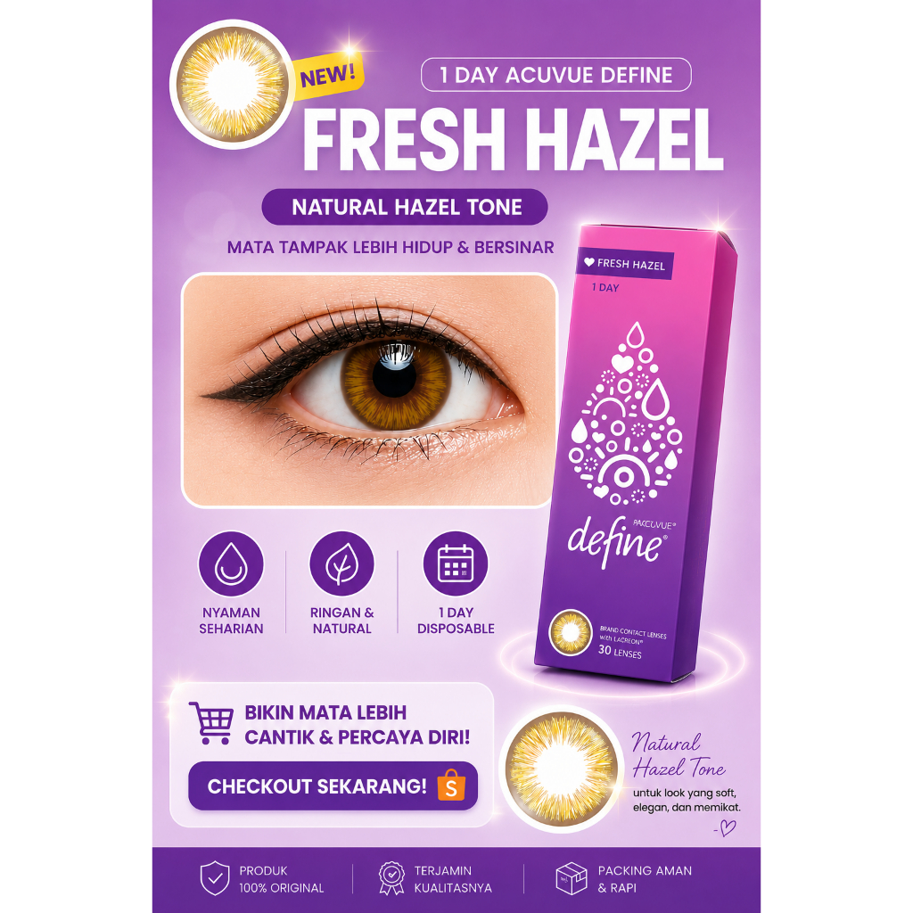 1 Day Acuvue Define Fresh Hazel l Softlens Warna Harian Natural Hazel Original 30 Lenses
