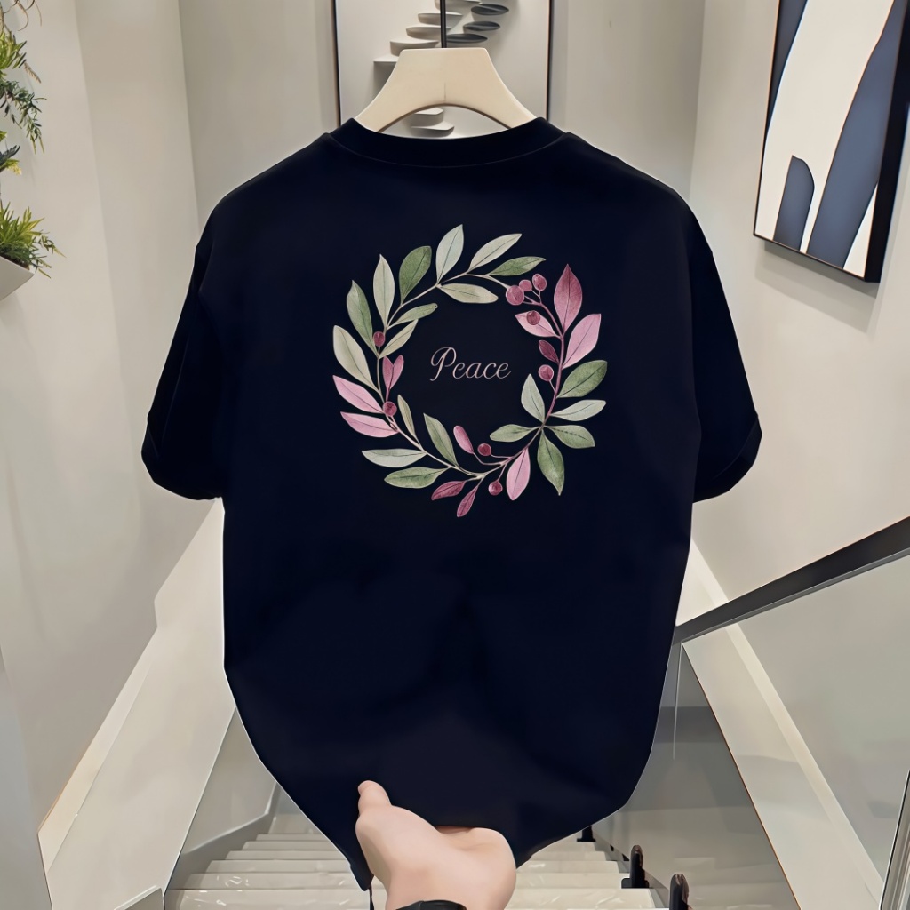 [COD]Kaos Pria Motif Bunga Daun "Peace", Kaos Pendek Santai