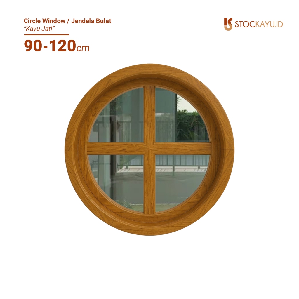 Stockayu.id - Jendela Bulat Kayu Jati 90 - 120 Cm Putar Kusen Kaca Rumah Masa Kini