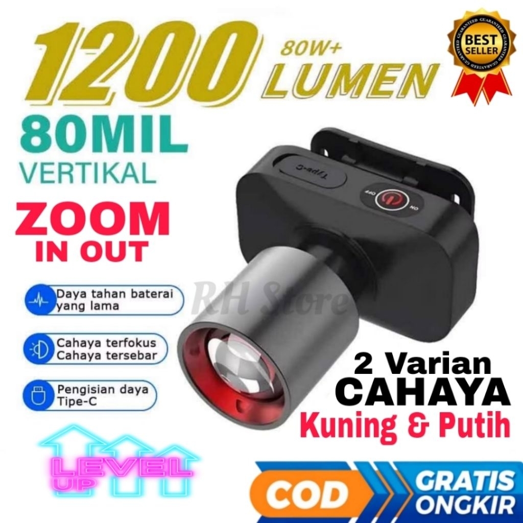 UPGRADE L42 Senter Kepala Zoom In Zoom Out Jarak Jauh Super Terang Cahaya Putih Dan Kuning Awet Anti