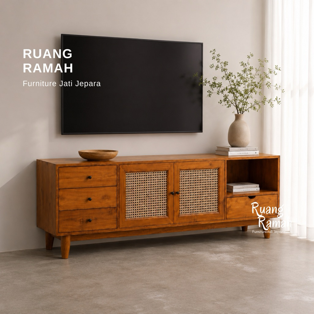 Meja TV Rotan Estetik | Lemari TV Kayu Jati | Rak TV Minimalis Panjang | Meja TV Kayu Minimalis Rota