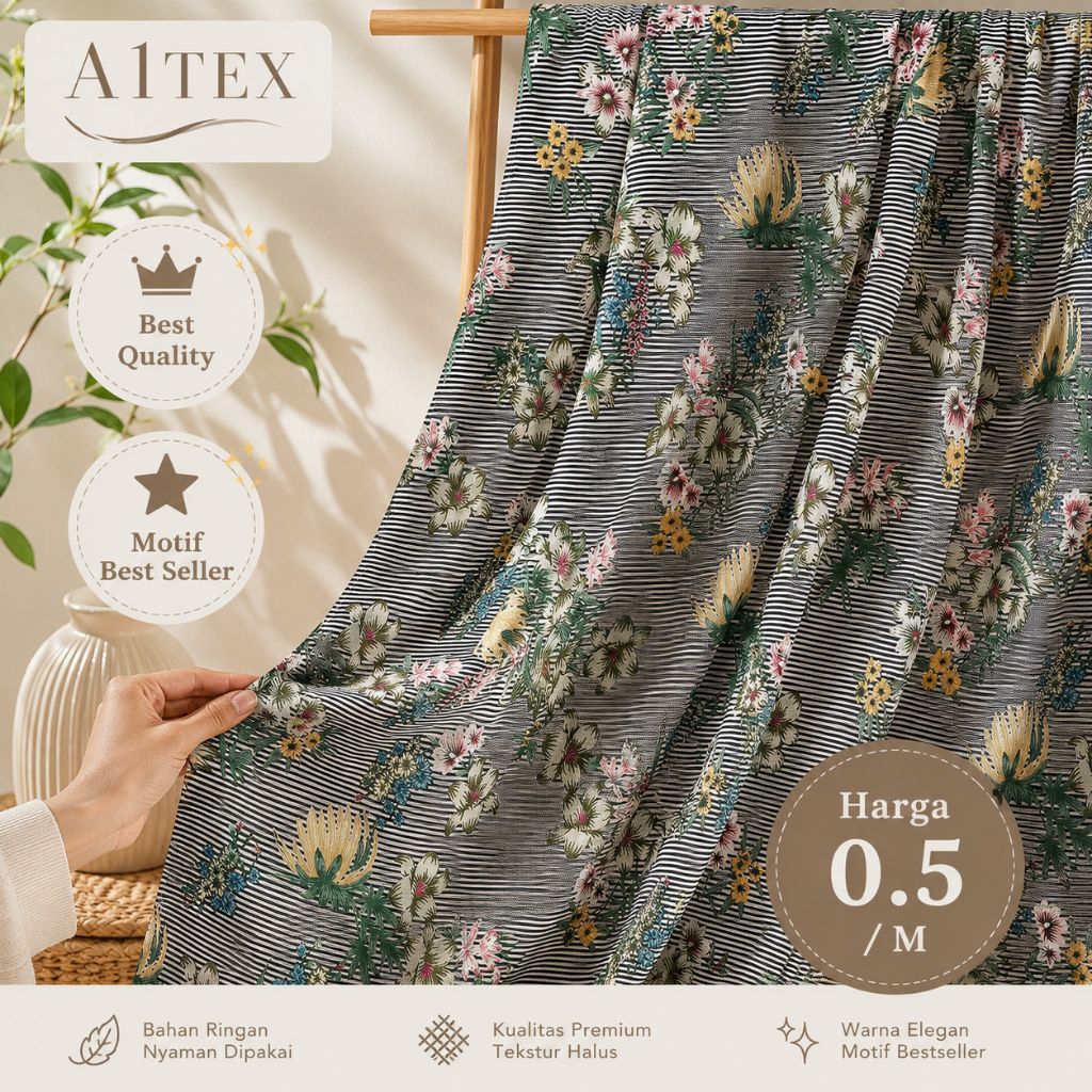 NEW (HARGA / 0,5 M) Kain Katun Rayon Viscose Premium || Kain Rayon Viscose Premium Motif Bunga Flora