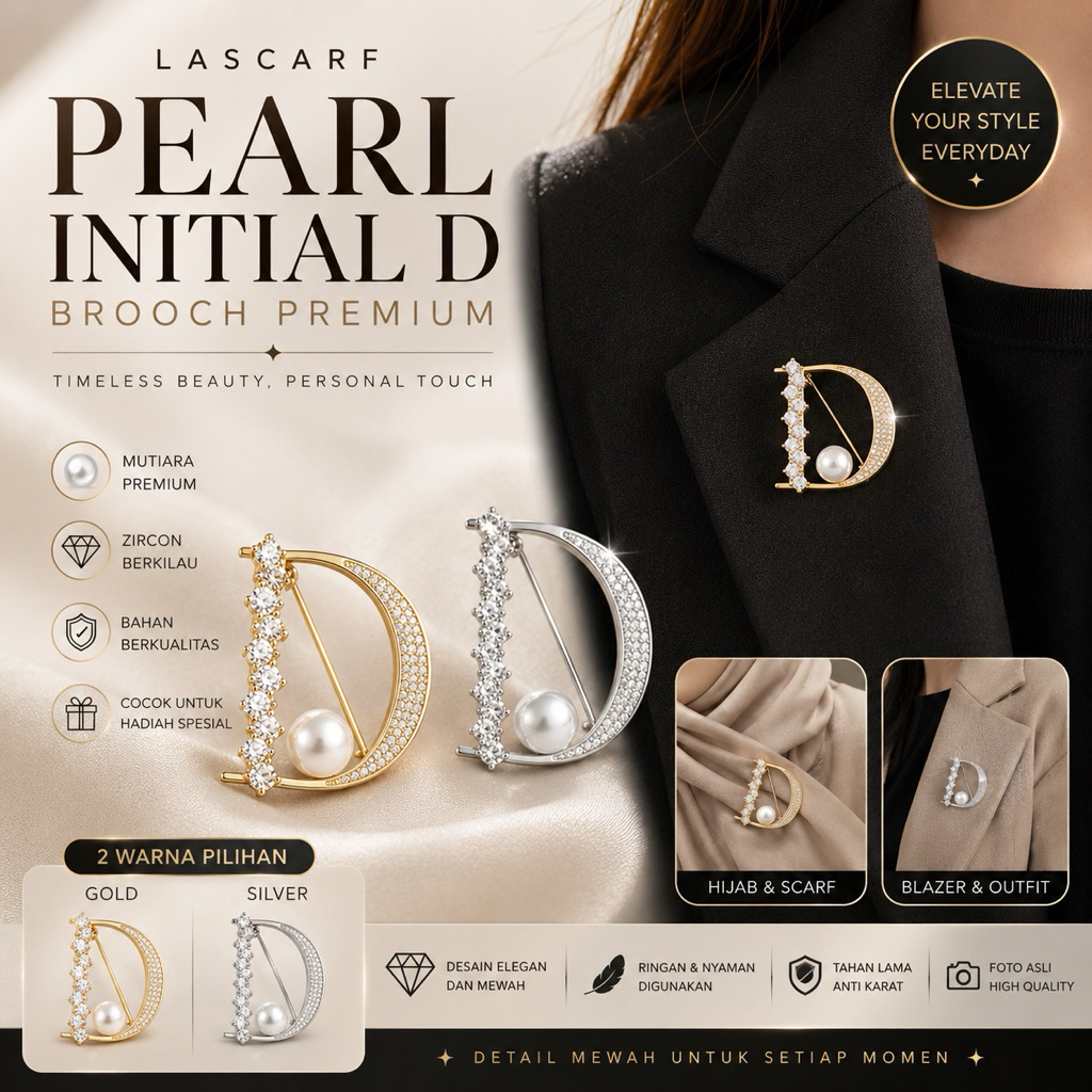 Lascarf Pearl Initial D Brooch Premium | Bros Huruf D Mutiara Zircon Elegan | Aksesoris Hijab Blazer