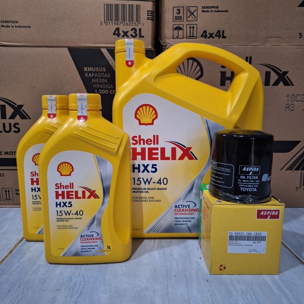 paket oli Shell HX5 15W-40 6 Liter, oli diesel dan bensin dan filter oli TOYOTA innova, fortuner, hi