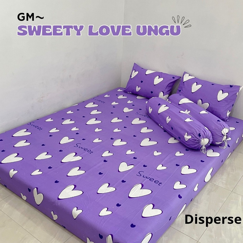 SPREI MOTIF SWEETY LOVE UNGU MURAH BERKUALITAS SET SARBAN SARGUL