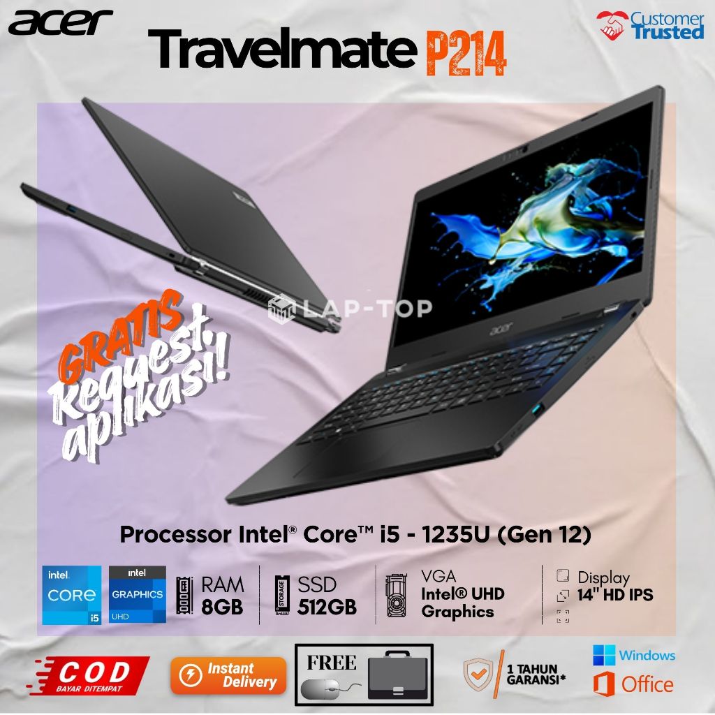Laptop ACER TRAVELMATE P214 Core i5 - 1235U RAM 8GB SSD 512GB Original Bergaransi Second