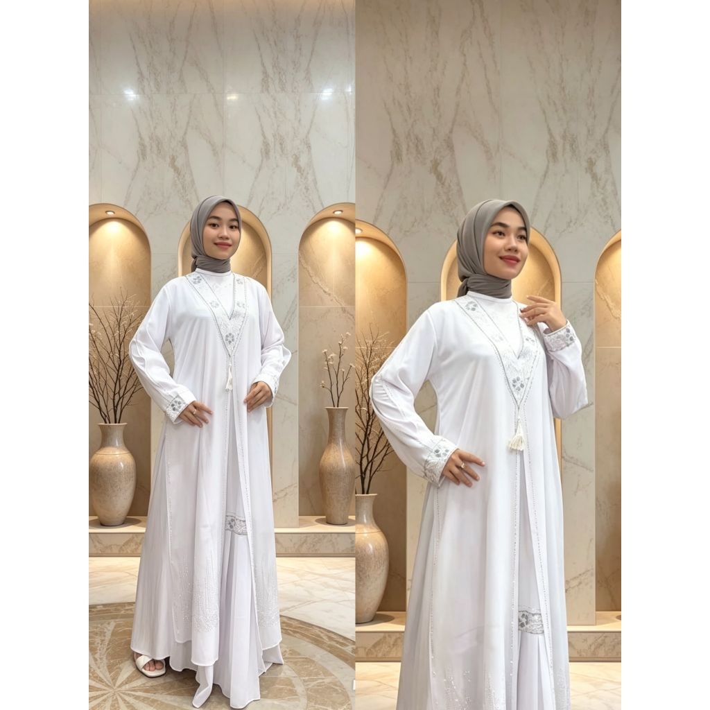 GAMIS ABAYA TURKEY AZALEA BORDIRAN REMPEL PUTIH / GAMIS PUTIH BORDIR BUNGA