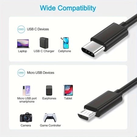 Kabel Data Cable USB Type C to Micro 2A 1M Kabel USB C ke Micro USB OTG, Kabel Pengisi Daya Powerban