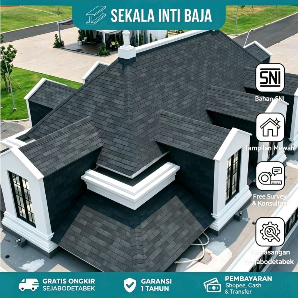 Atap Bitumen Sirap Aspal Terpasang Berikut Rangka Baja Ringan