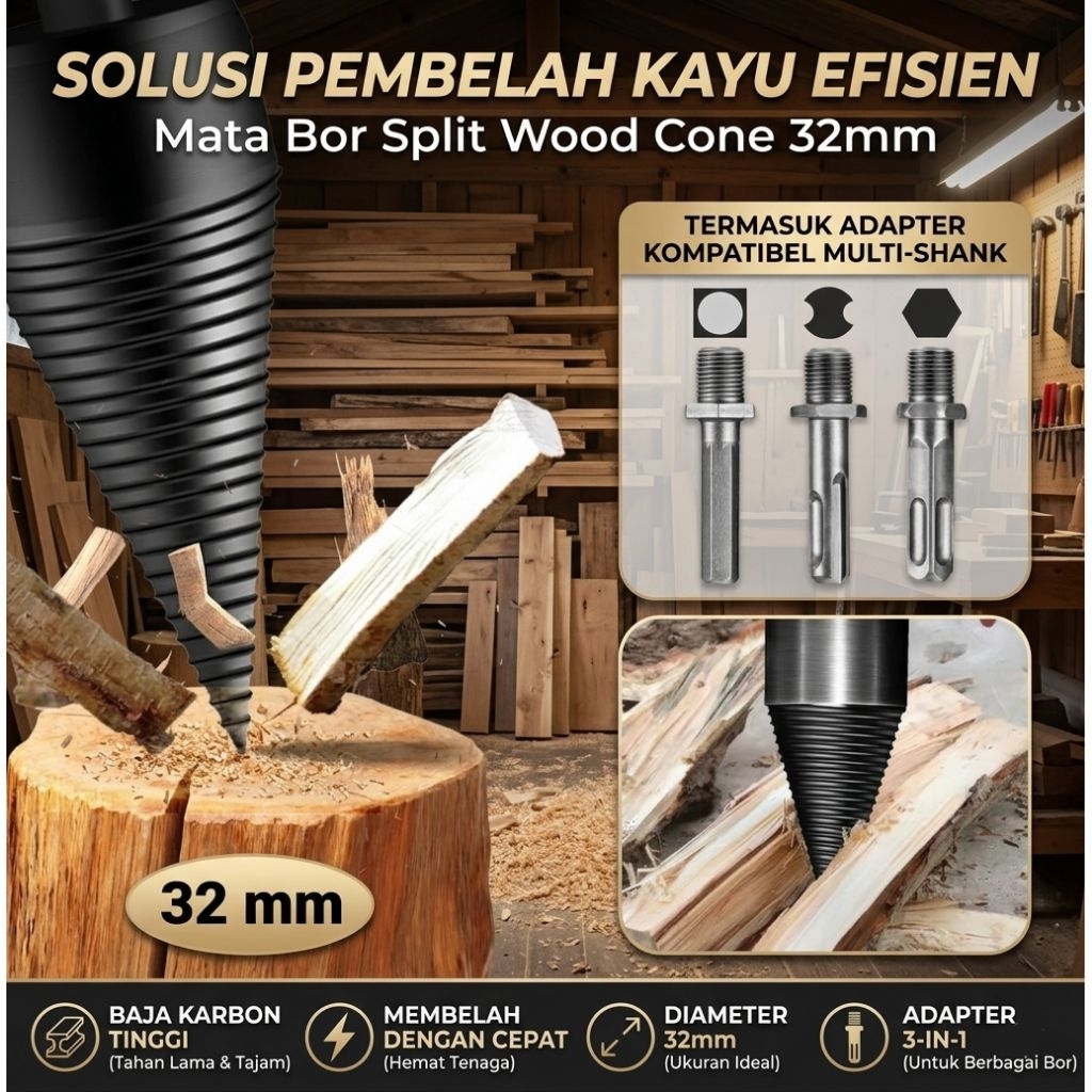 Mata Bor Pembelah Kayu Bakar Bentuk Kerucut Bor Persegi Bulat 32MM