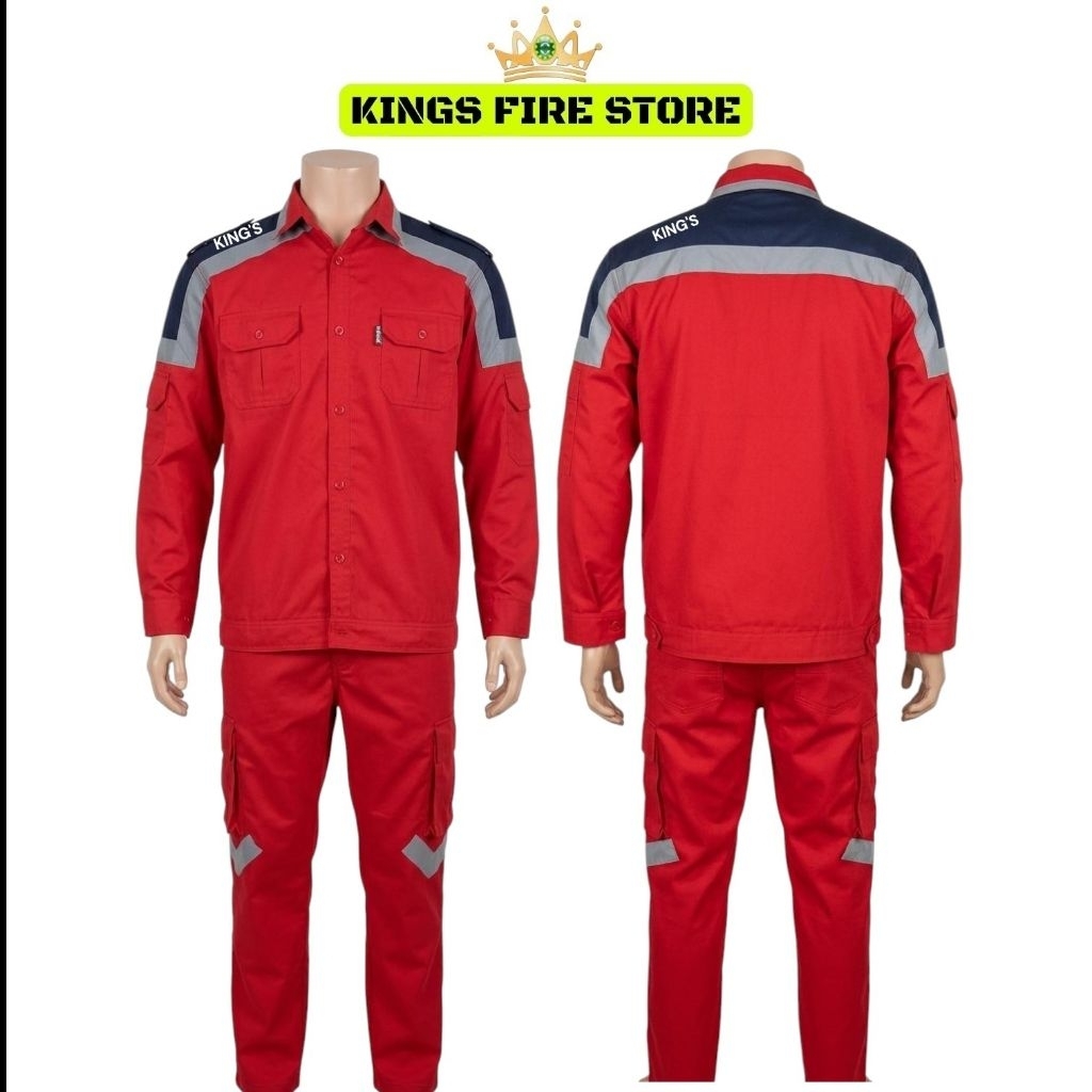 SETELAN BAJU CELANA SAFETY KOMBINASI WARNA MERAH NAVY - SERAGAM SAFETY BAHAN DRILL SCOTLIGHT 3M - WE