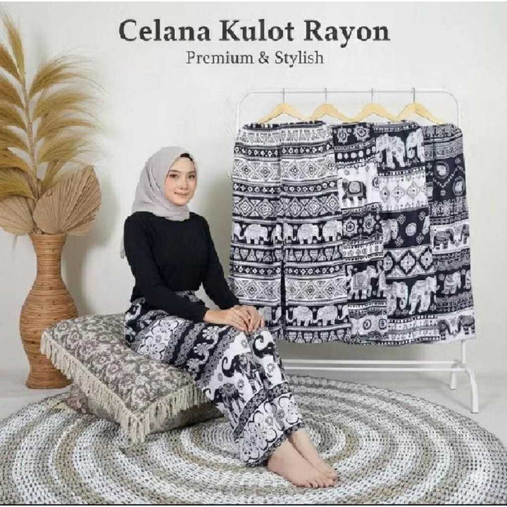 Kulot Rayon Putih Motif Gajah Adem Nyaman