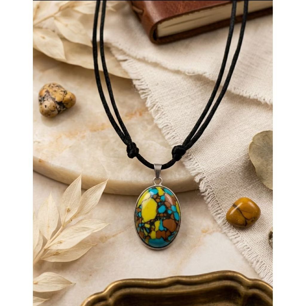 Kalung liontin batu akik pirus okraine tali hitam