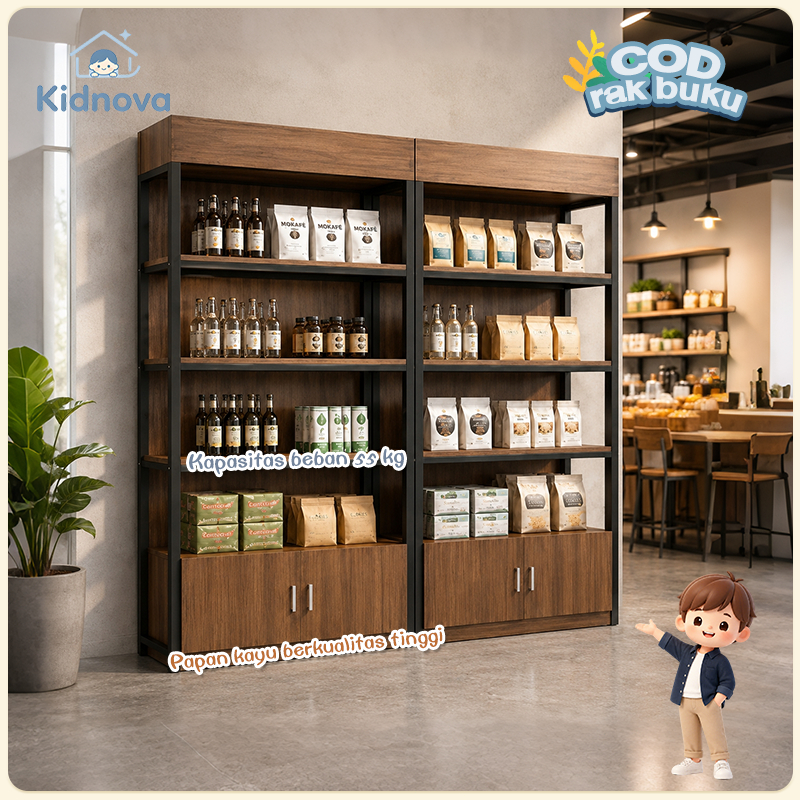 Rak Supermarket Kayu Besi 4 Susun Rak Display Barang Kokoh Untuk Toko Gudang Minimarket 80-140cm