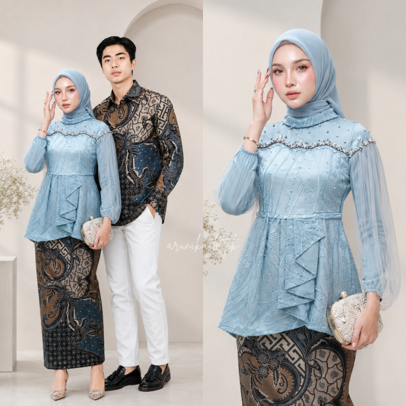 Kebaya Couple Selena Modern Baju Wisuda Lamaran Tunangan Batik Brukat Couple Kondangan Kekinian
