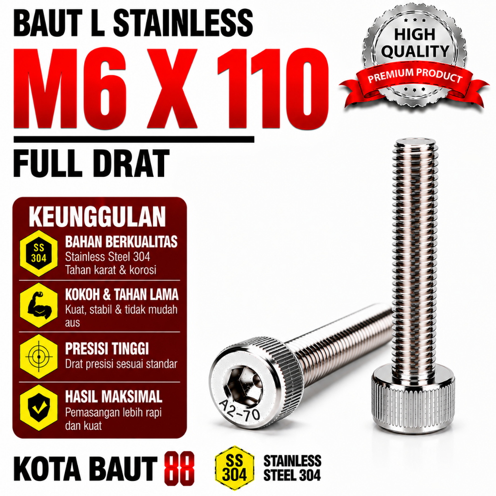 Baut L Stainless M6X110 / 6X110 / M6 X 110 / 6 X 110 Full Drat SS304 / SUS304 / A2-70