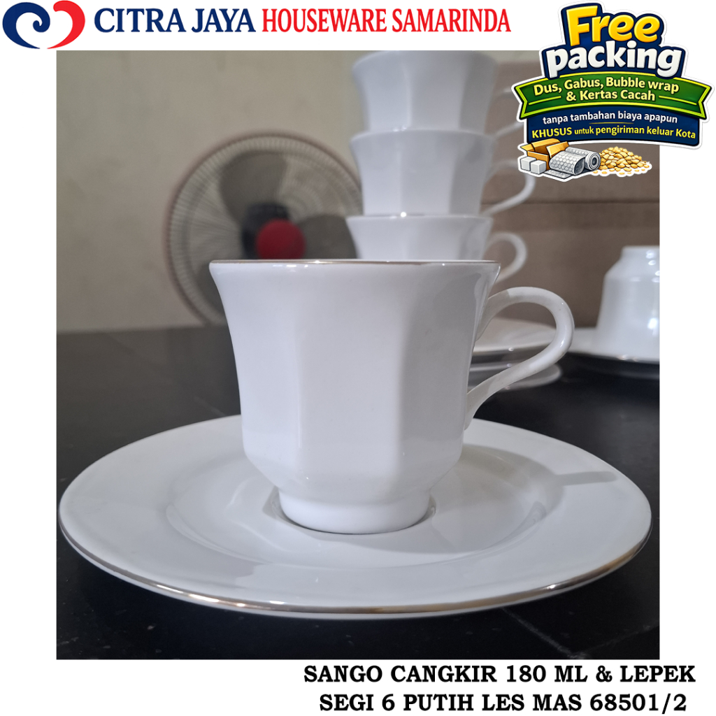 Cangkir 180 ML & LEPEK KERAMIK MODEL SEGI 6 PUTIH LES EMAS SANGO ORIGINAL 68501/2 (PERKOTAK ISI 6 PC