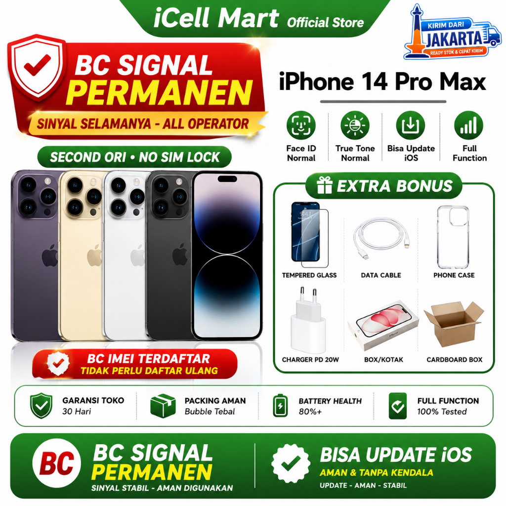 BC iPhone 14 Pro Max 100% Original 128GB 256GB Second Mulus Inter Unlock IMIE Daftar Sinyal Permanen