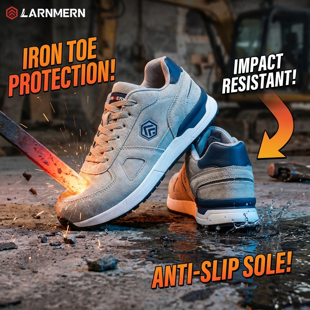 Safety Shoes LARNMERN Mens Sneakers Steel Toe Construction AntiStatic Work Shoes Pria L9096 Grey
