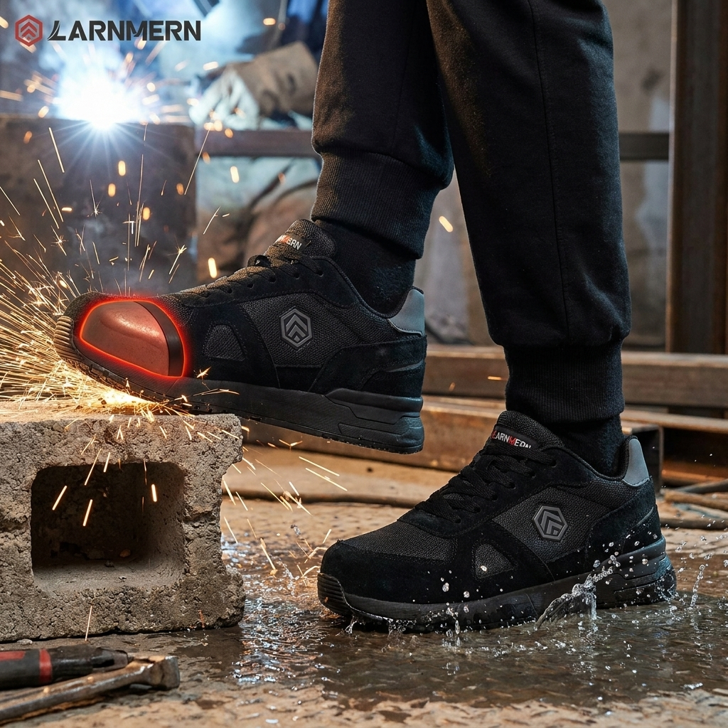 Safety Shoes LARNMERN Mens Sneakers Steel Toe Construction AntiStatic Work Shoes Pria L9096 Black