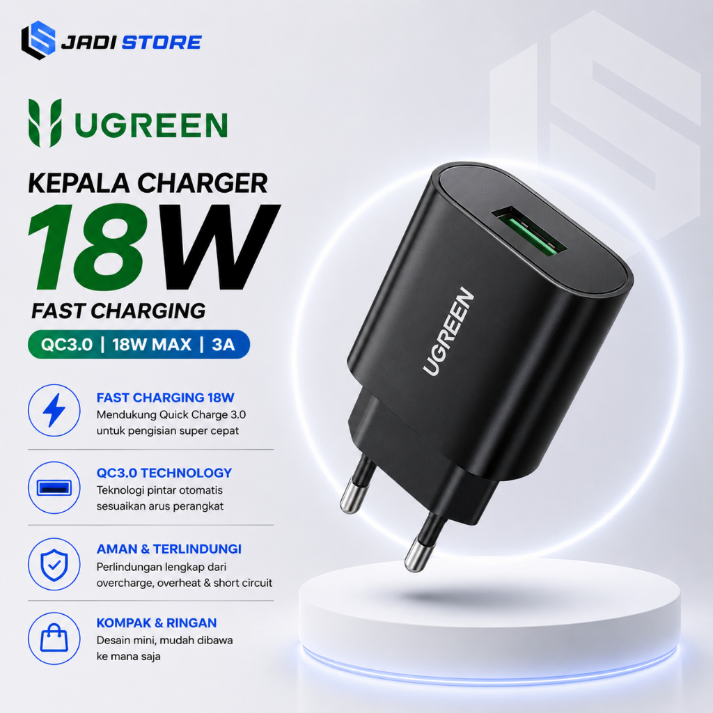 UGREEN  Adaptor Kepala Batok Charger Cas USB 18W Quick Charge QC3.0 Fast Charging 3A 10133 70273